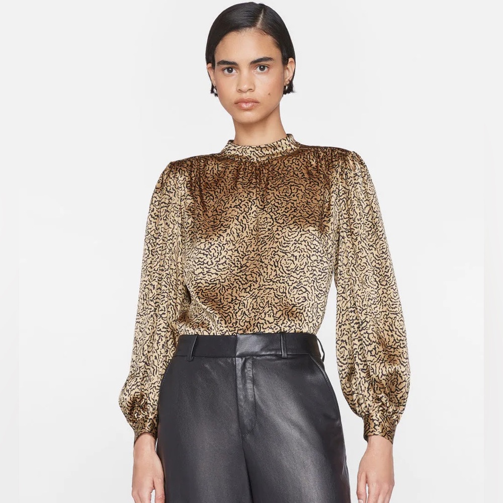 FRAME DENIM- Shirred Mock Neck Blouse-
in Beige Multi - Picture 2 of 9